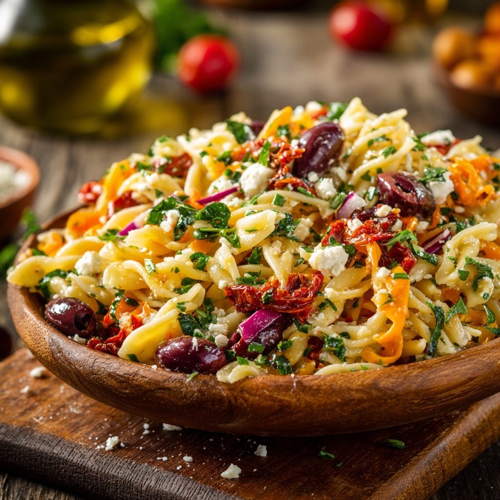 Mediterraner Nudelsalat Mit Olivenöl Dressing